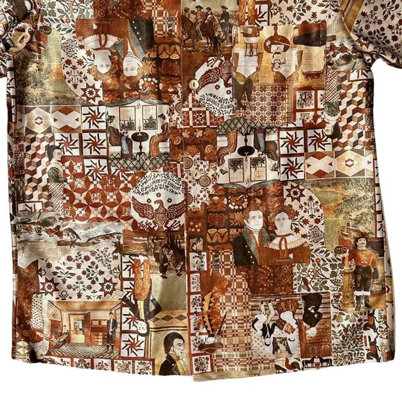 70s Vintage Novelty Print Button Up Shirt American History Folk Art Collage. - Picture 4 of 12